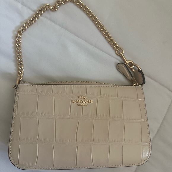 Coach Beige Croc-Embossed Wristlet with Gold Chain - Picture 1 of 4